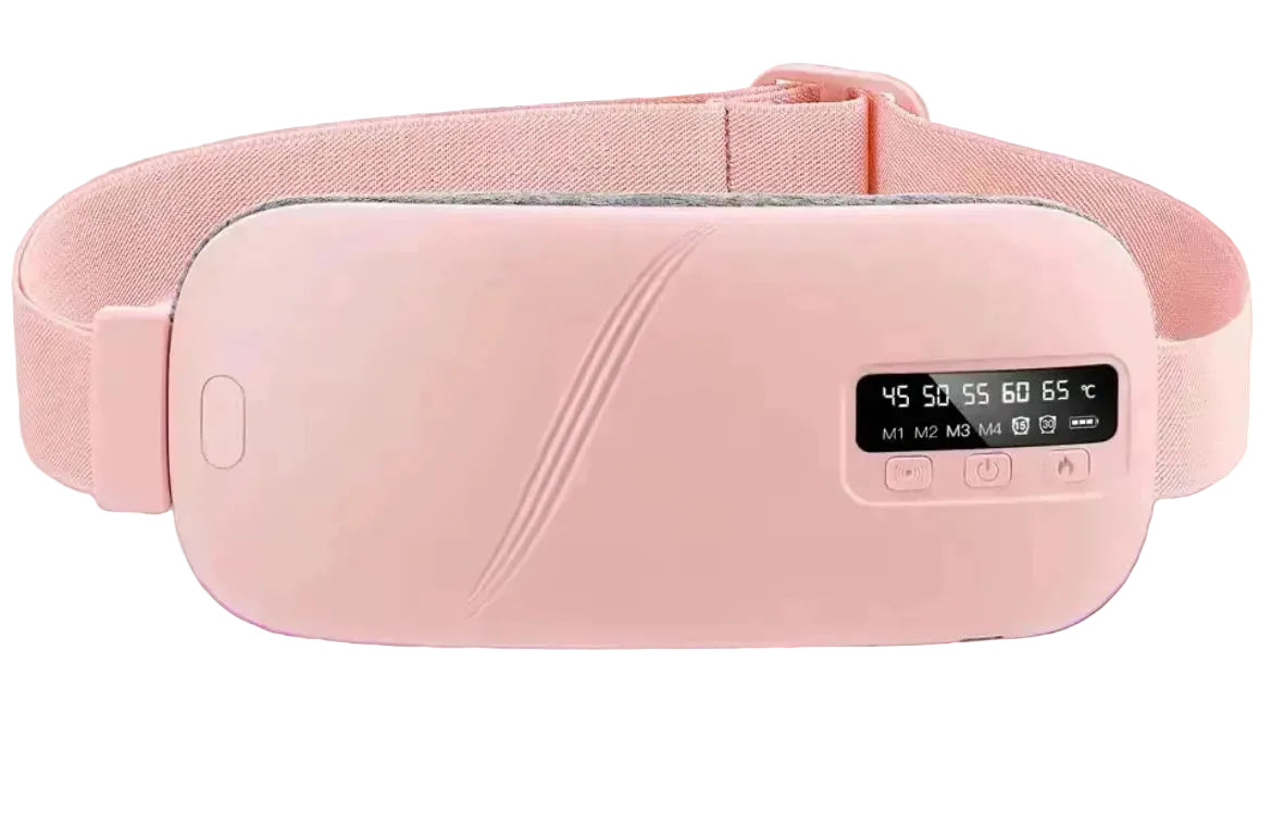 A pink electronic head/neck massager with an adjustable fabric strap and a small digital display screen on the front, set against a solid bright pink background.