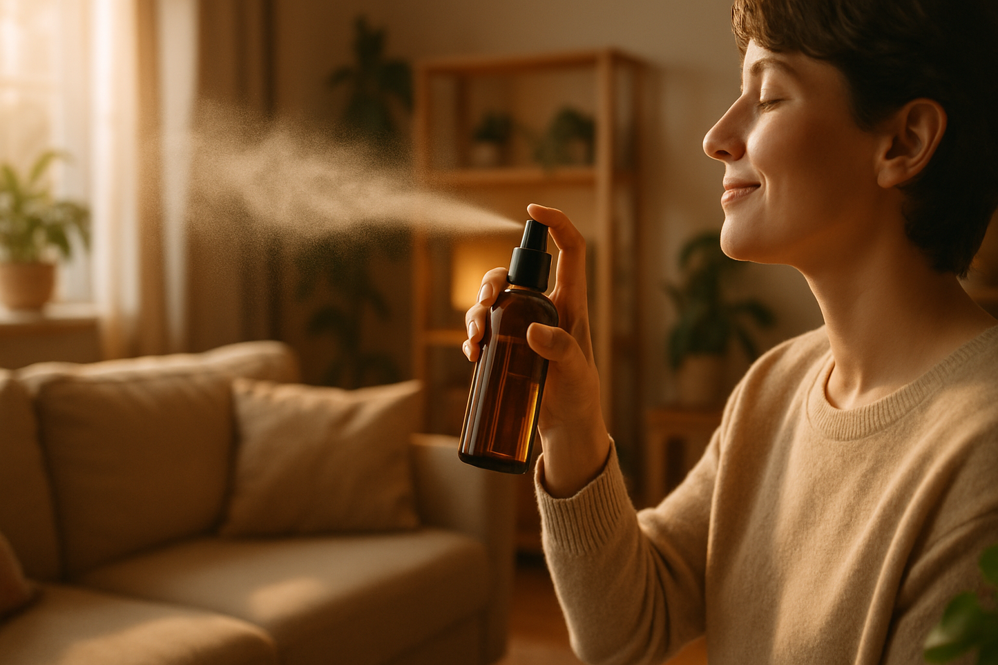 generate a photo of someone using the essential oil but in a spray bottle in a room
