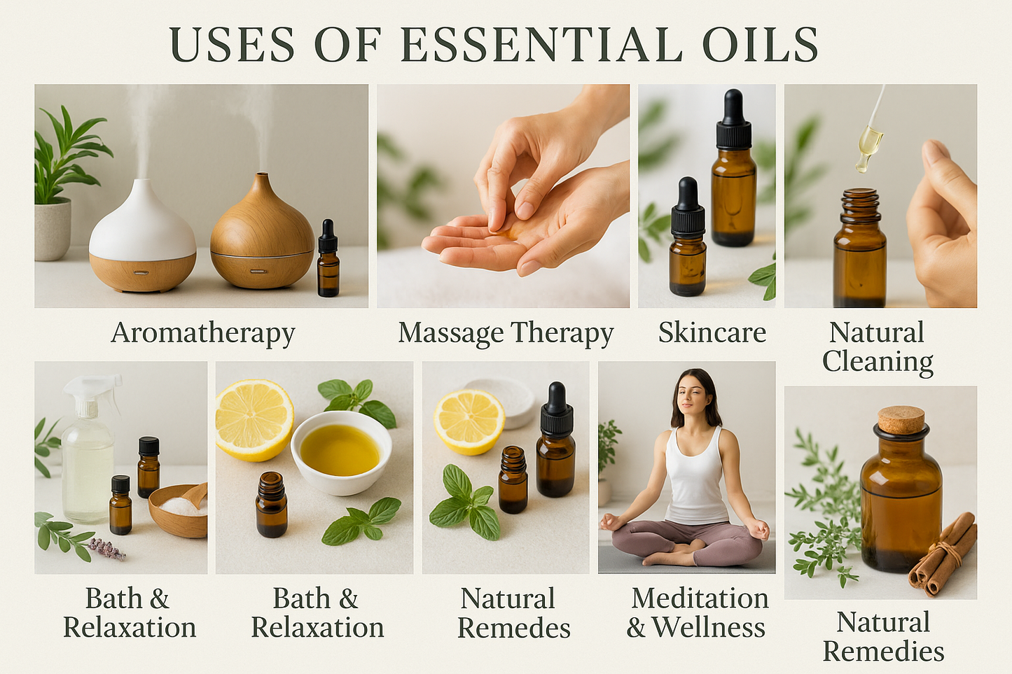 create a photo poster that shows all the possible uses of essential oils