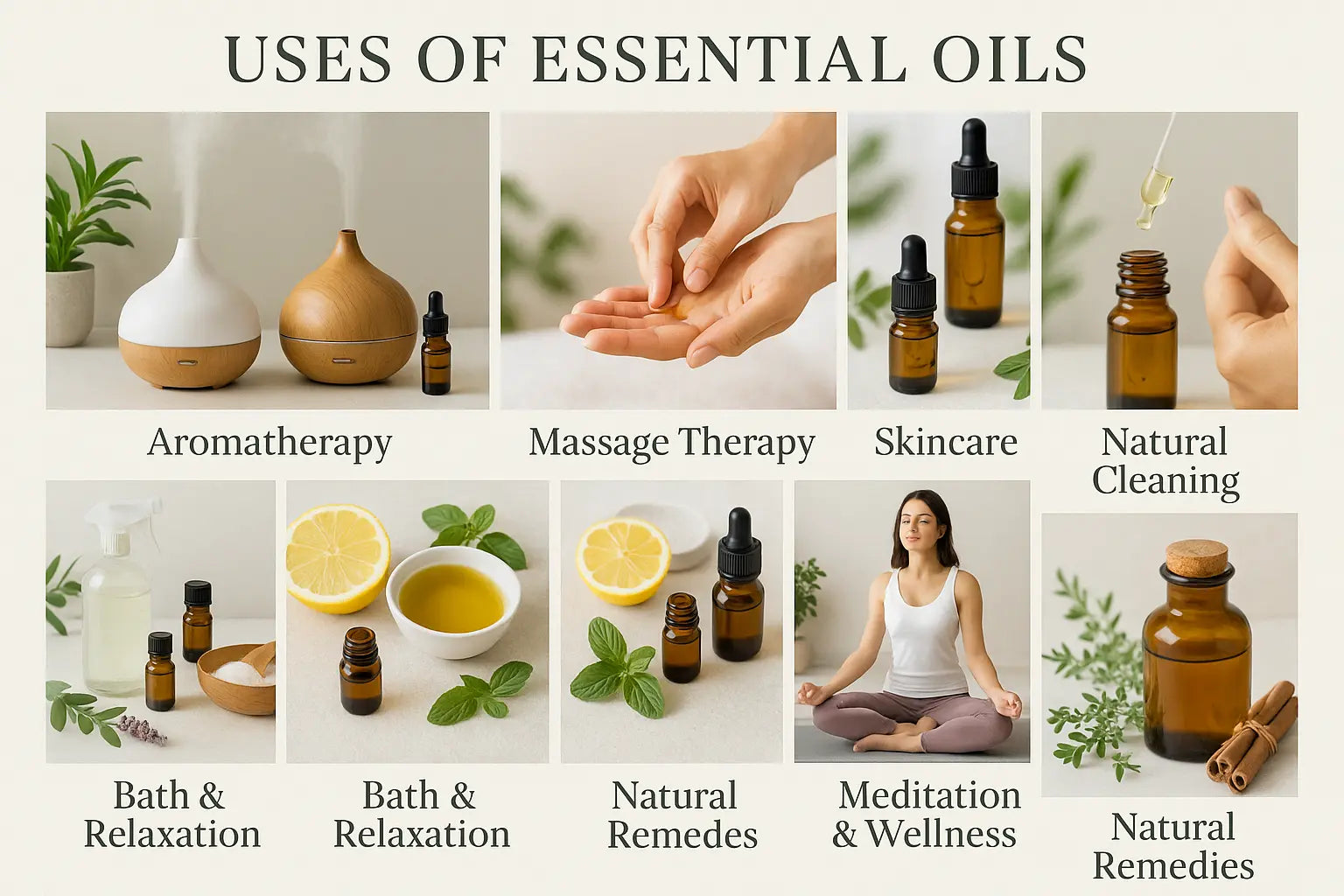 create a photo poster that shows all the possible uses of essential oils